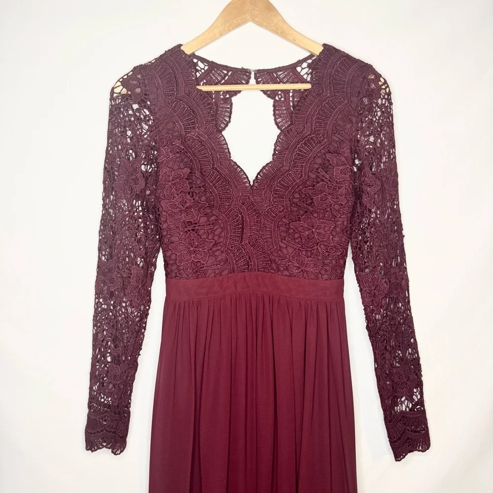 Lulu's Awaken My Love Burgundy Backless Long Sleeve Lace Gown Dress Size Small - Picture 3 of 10